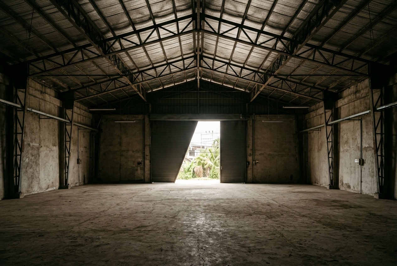Demo photo: empty warehouse bay with steel trusses and a half-open roller door