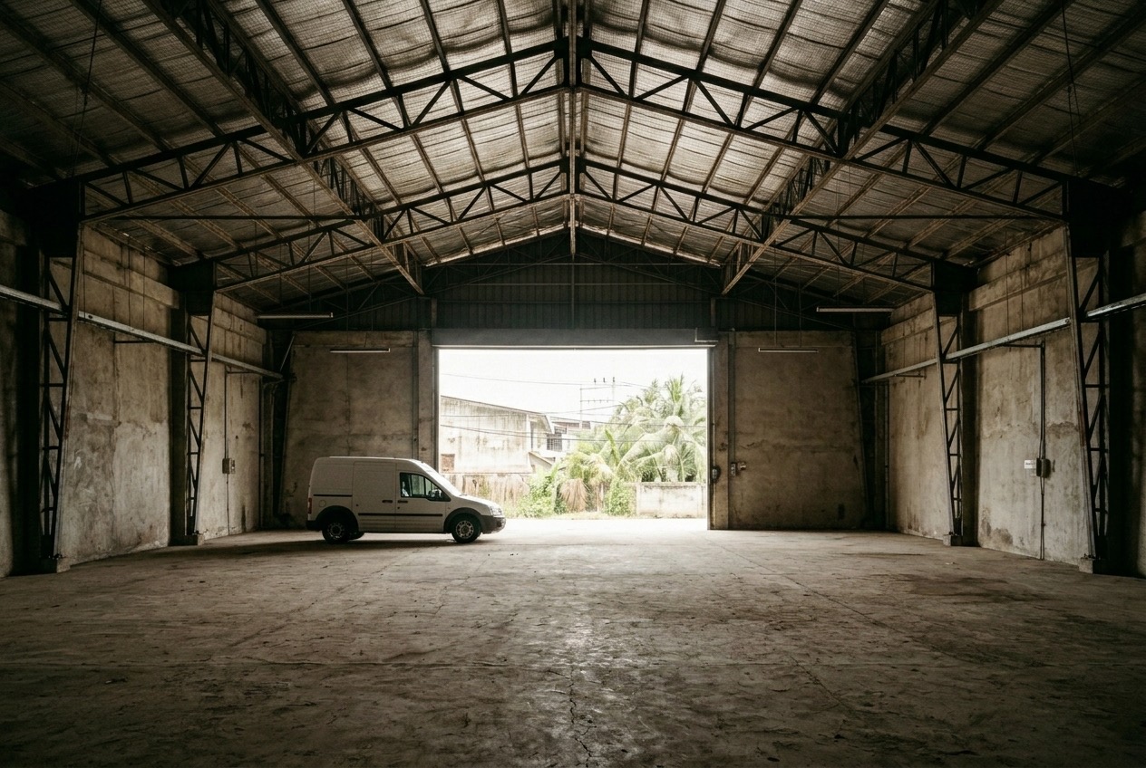 Demo photo: open roller door onto a concrete yard, a white van parked inside