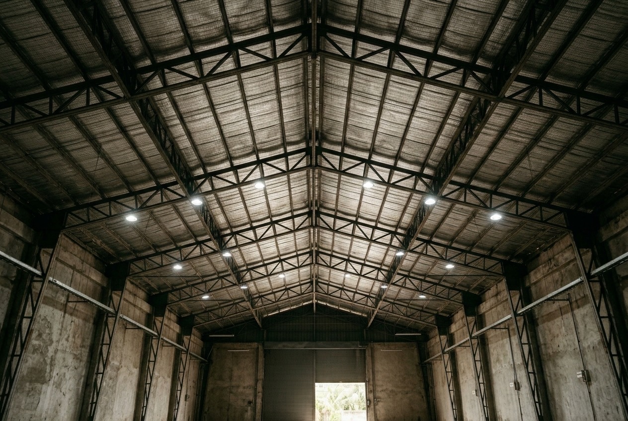 Demo photo: steel roof trusses with a row of high-bay lights