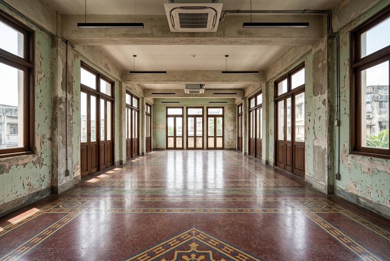 Demo photo: empty heritage office floor with terrazzo, tall casement windows and peeling green paint