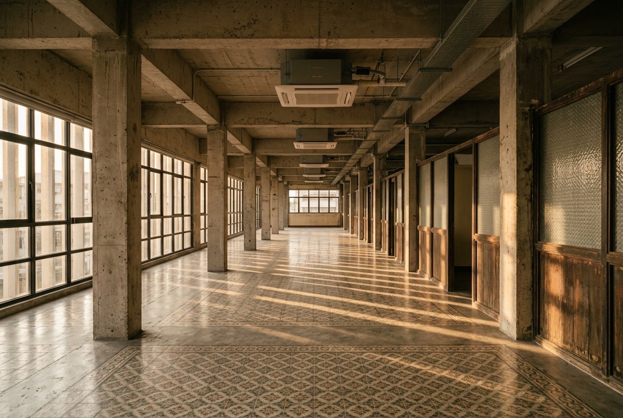 Demo photo: long view between concrete columns with light across the floor