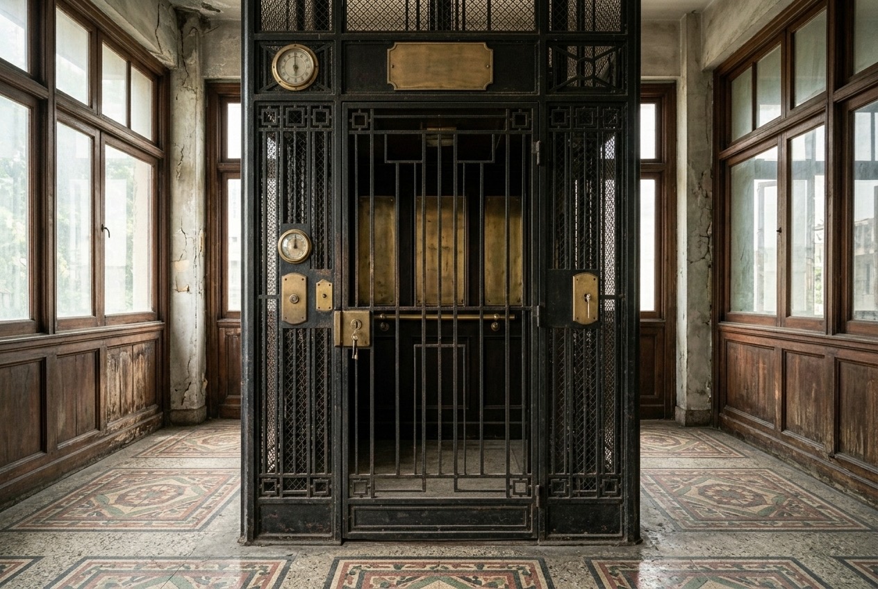 Demo photo: old cage-style elevator with brass fittings