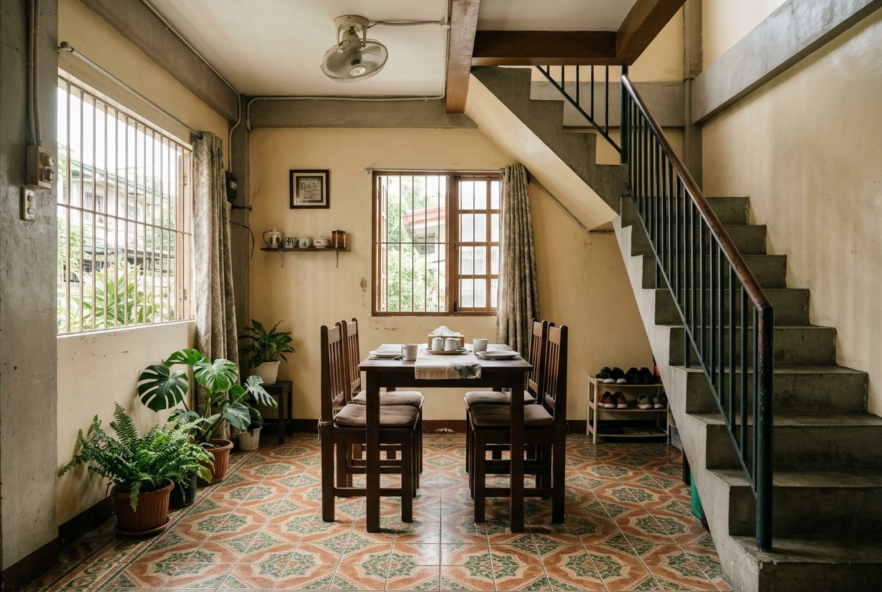 Demo photo: rowhouse ground floor with patterned tiles, a wooden dining set and a concrete staircase