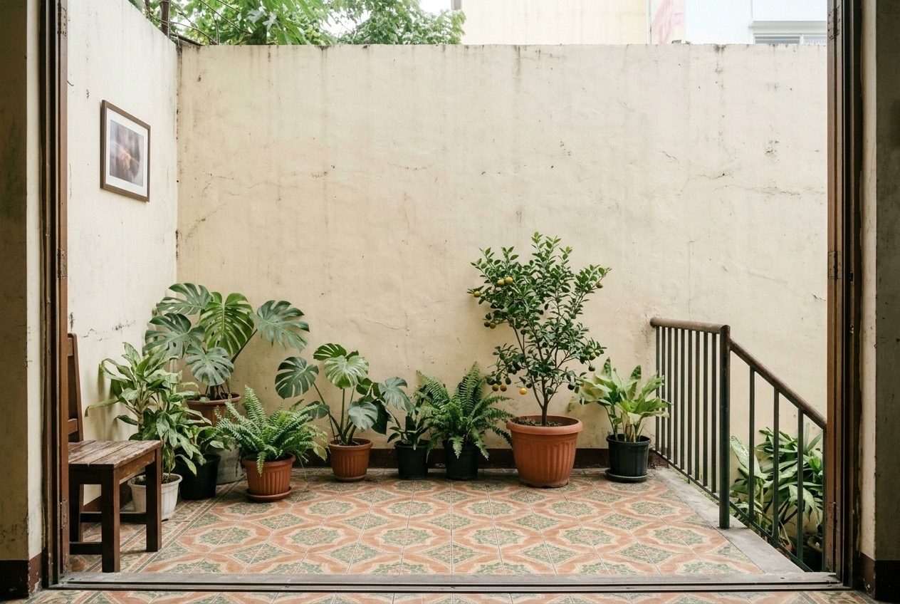 Demo photo: small back yard with potted plants against a painted concrete wall