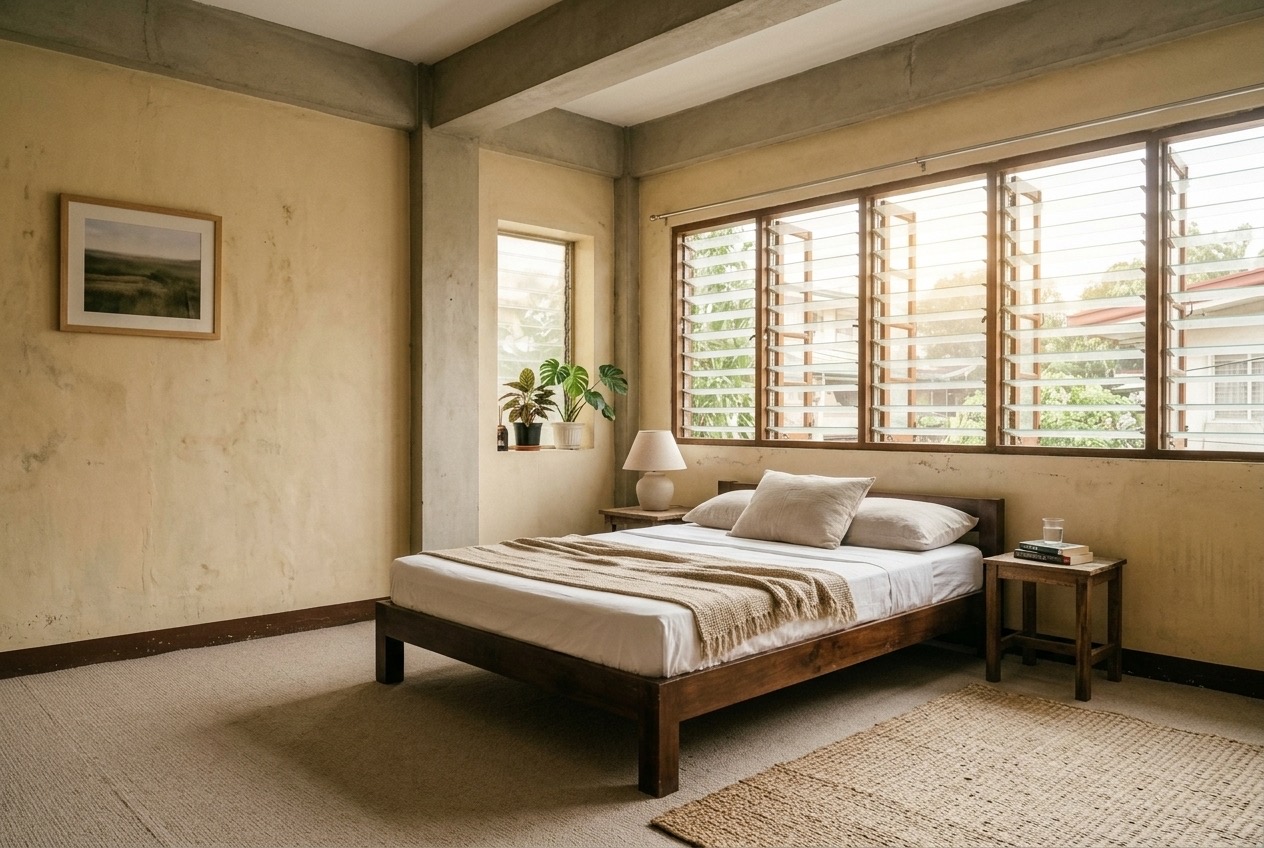 Demo photo: upstairs bedroom with a wooden bed and jalousie windows