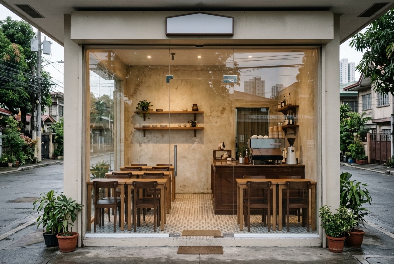Demo photo: small café with a full glass frontage, empty before opening