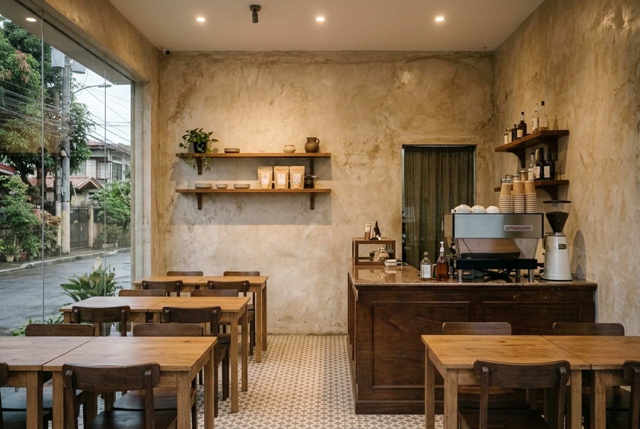 Demo photo: espresso bar and wooden tables inside the café