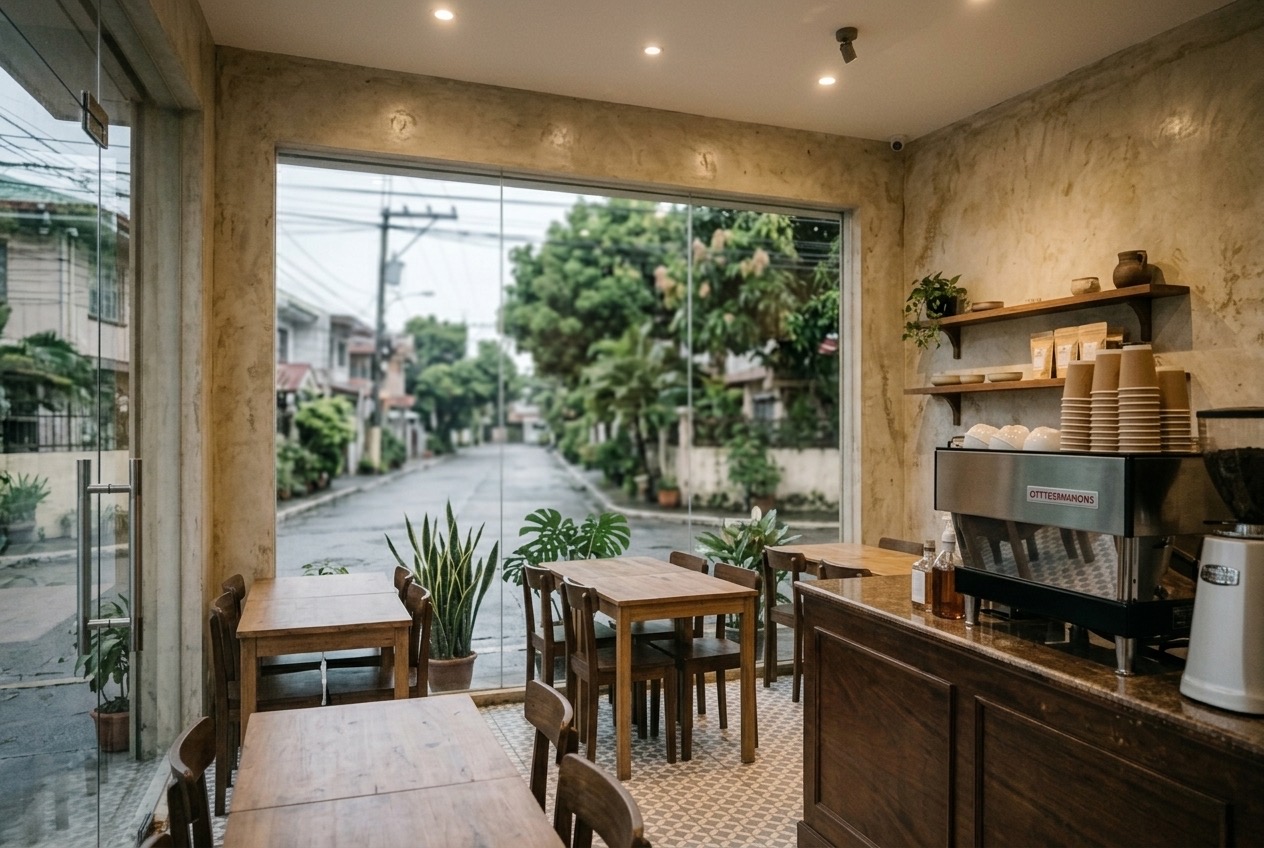 Demo photo: view from inside the café out to a quiet tree-lined street