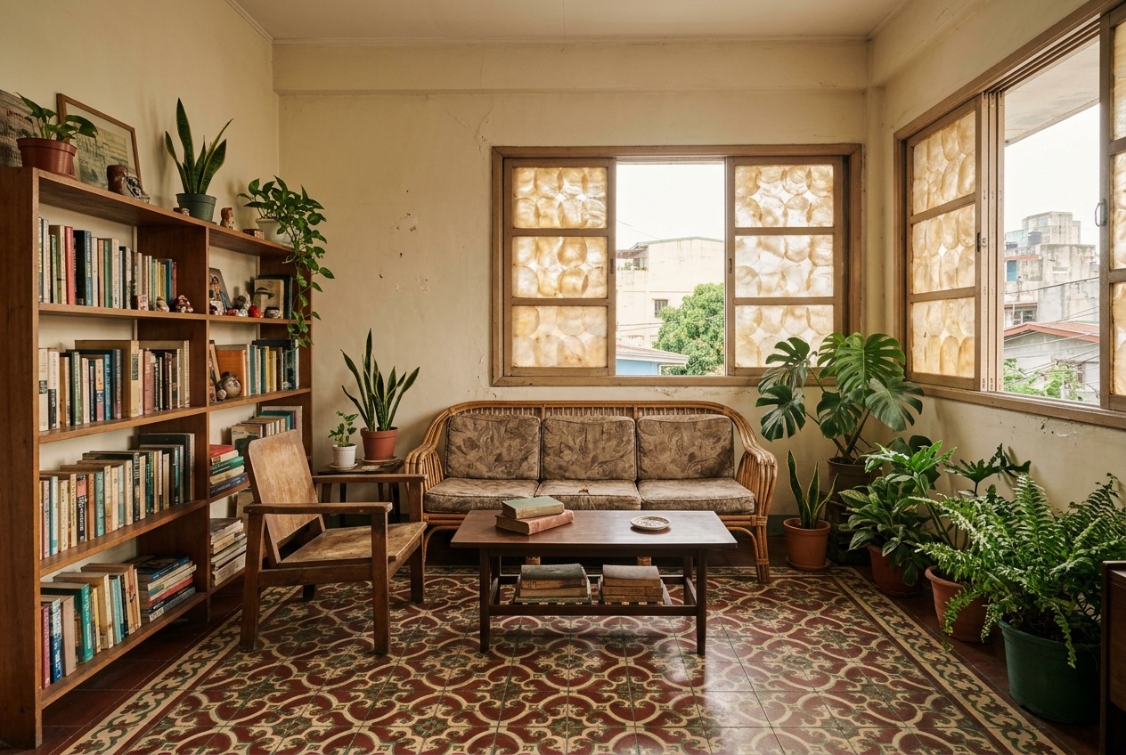 Demo photo: lived-in living room with patterned cement tiles, books and plants