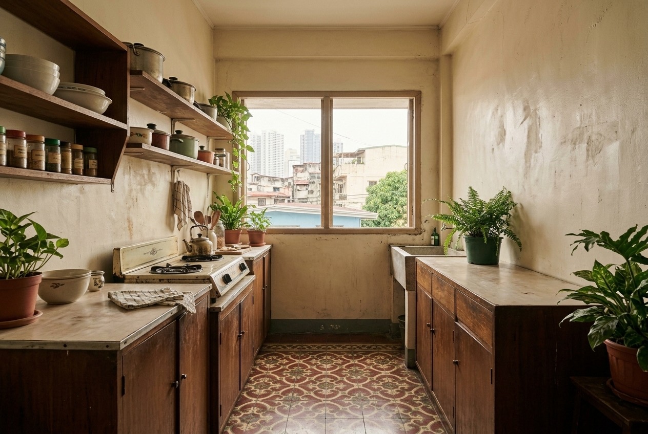 Demo photo: narrow galley kitchen with old cabinets and window light