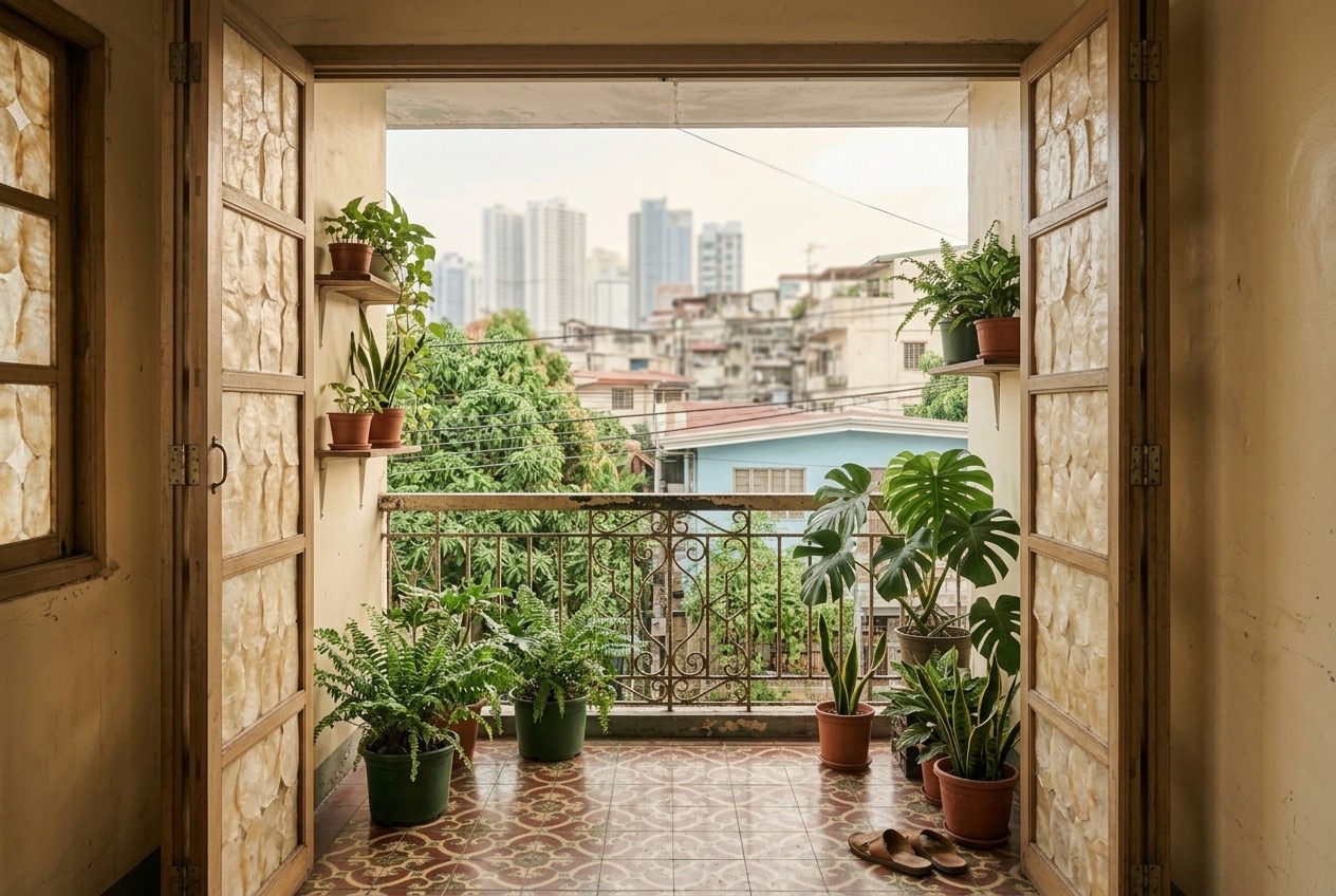 Demo photo: small balcony with a wrought-iron railing over a leafy street