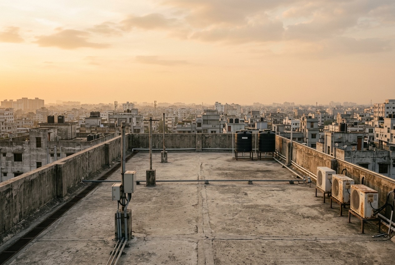 Demo photo: concrete rooftop deck at golden hour with a low parapet and city view