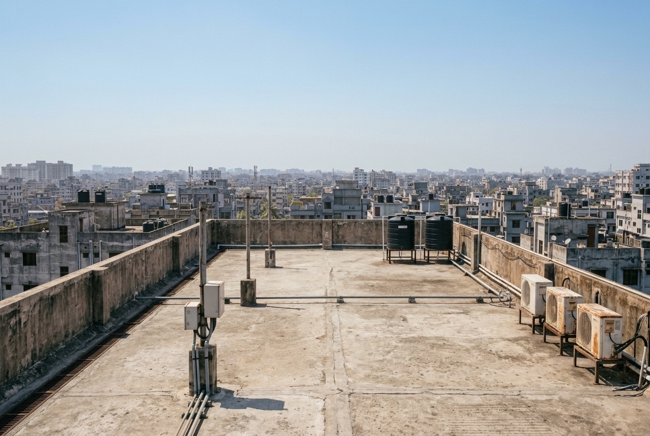 Demo photo: the same rooftop at midday in hard sun