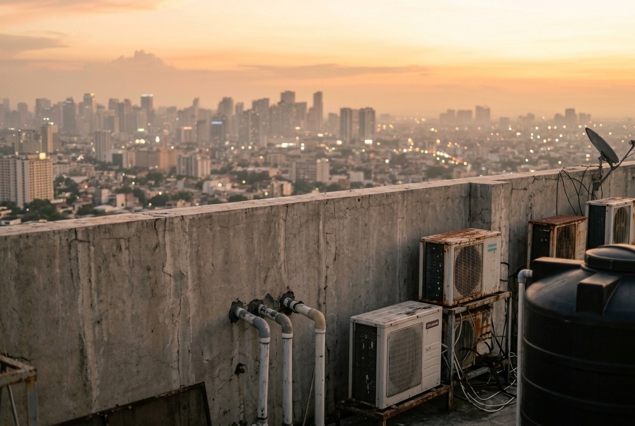 Demo photo: parapet edge at dusk with city lights starting