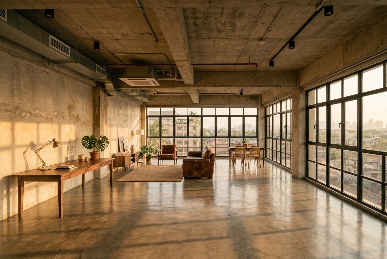 Demo photo: open-plan loft with a long wall of steel-framed windows and afternoon sun across a concrete floor