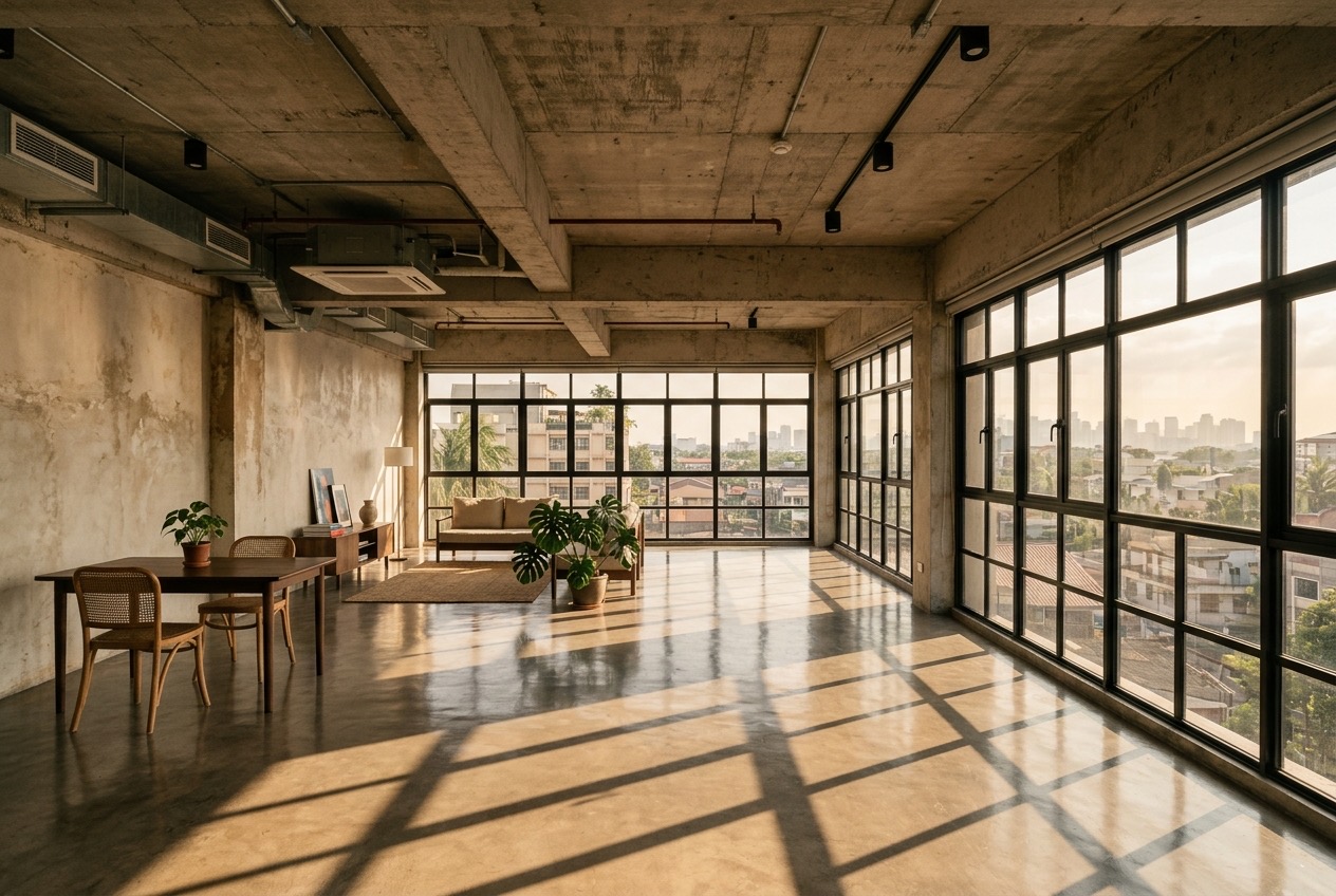 Demo photo: the loft seen from the windows, a leather sofa and a wooden work table