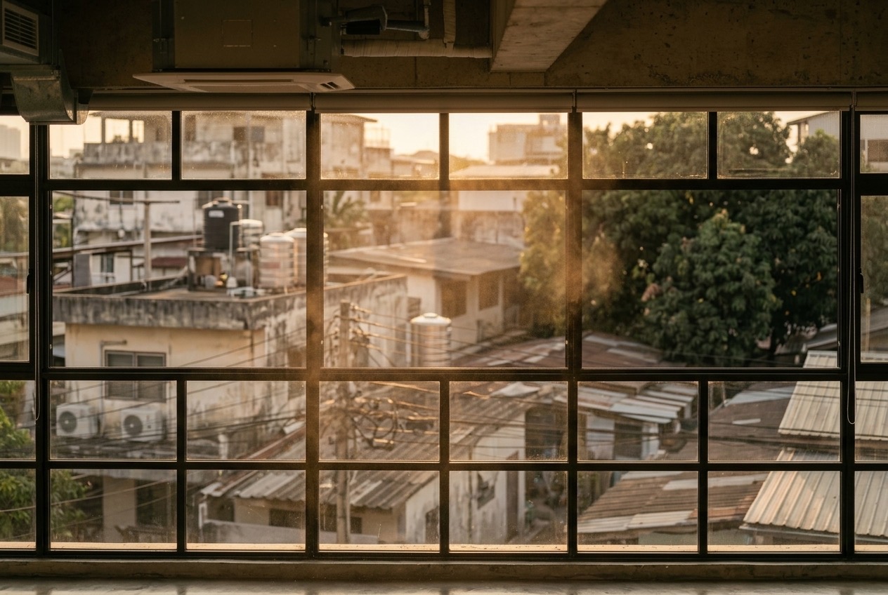 Demo photo: steel-framed windows at golden hour over low-rise rooftops