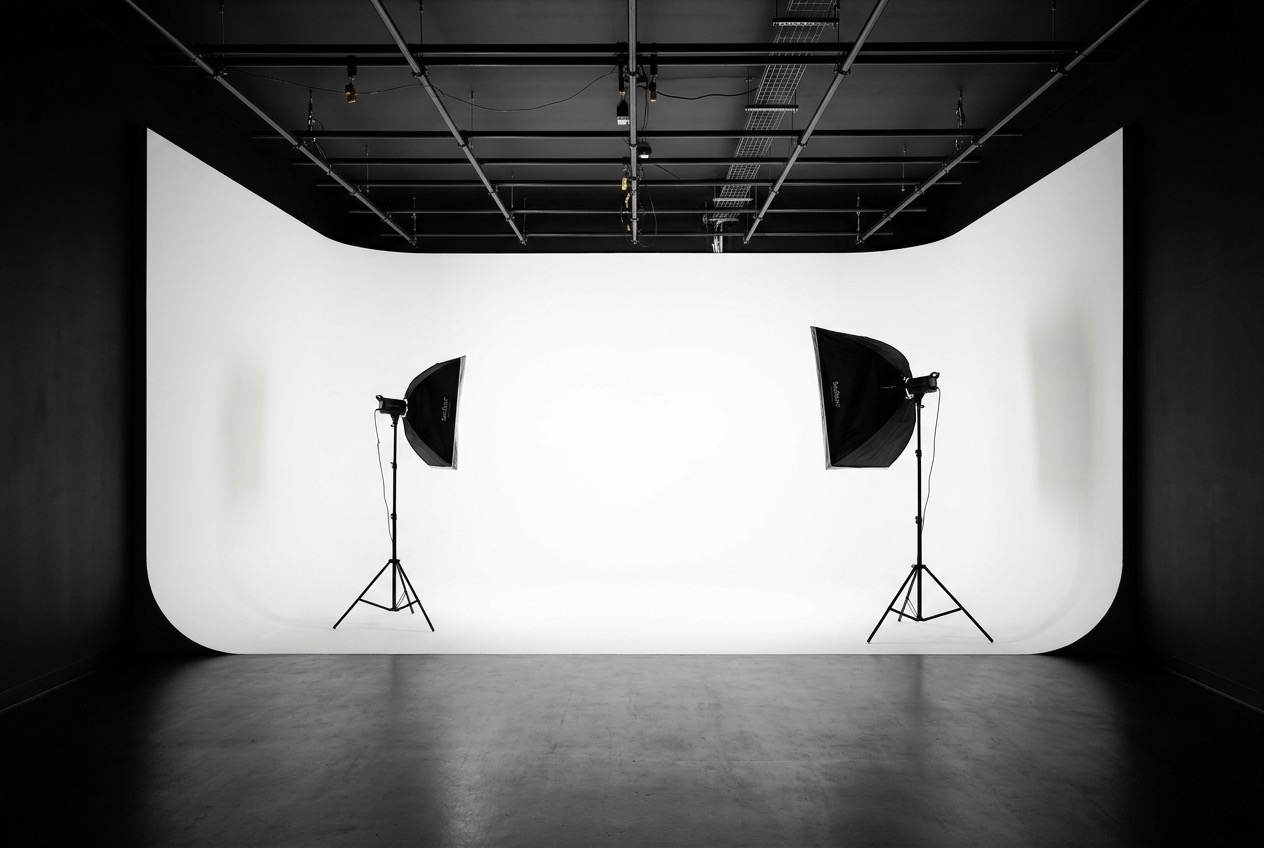 Demo photo: white cyclorama studio with two softboxes and a lighting grid