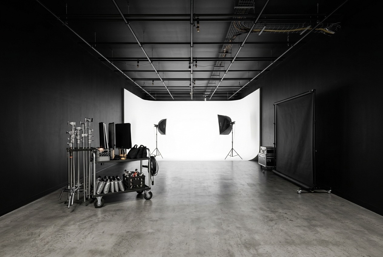 Demo photo: wider view of the studio with a grip cart and black walls